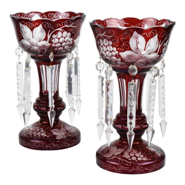 Antique Pair Ruby Glass Mantle Lusters With Engraved Grapes For Sale