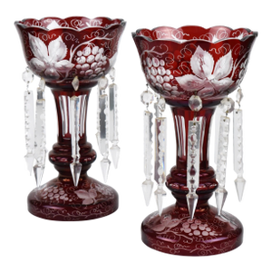Antique Pair Ruby Glass Mantle Lusters With Engraved Grapes