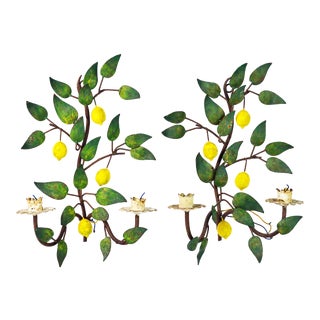 A Pair of Italian Painted Tole Lemon Tree Wall Sconces For Sale