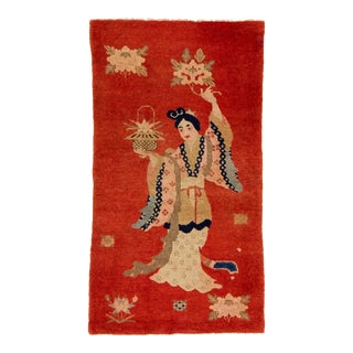Antique Chinese Pictorial Scatter Wool Rug Handmade in Red For Sale