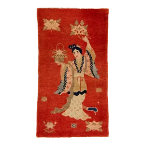 Antique Chinese Pictorial Scatter Wool Rug Handmade in Red