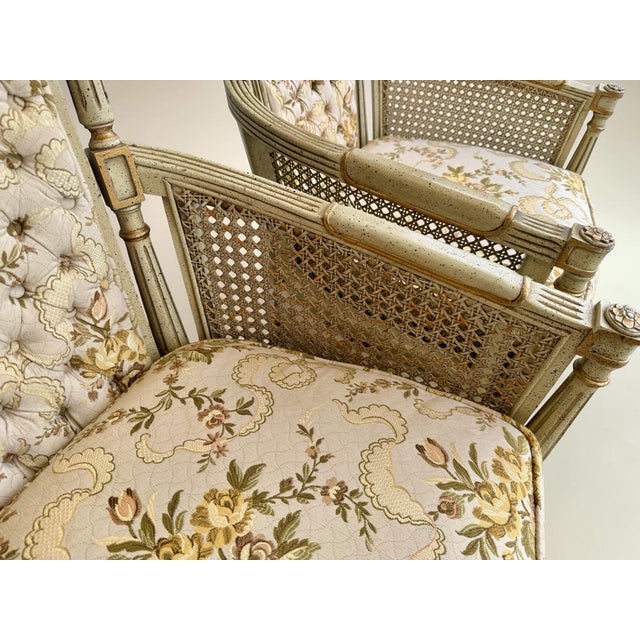 1950s Pair of Hibriten Chair Co. Louis XVI-Style Bergère Armchairs | Cream & Gilt | Cane Sides | Floral Brocade | Lenoir Nc For Sale - Image 9 of 12