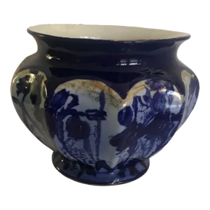 Large Cobalt Flow Blue Iris Jardiniere Planter Cachepot With Gilt Accents