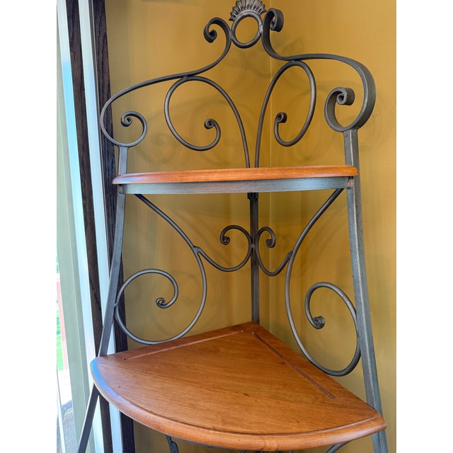 French Ethan Allen Legacy Collection Corner Baker's Rack — Rare Corner Configuration, Wrought Iron & Maple For Sale - Image 3 of 7