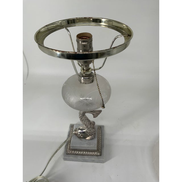 Vintage Silver Plate and Frosted Glass Victorian Style Dolphin Lamp For Sale In Providence - Image 6 of 12
