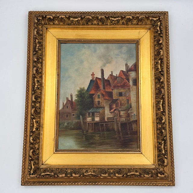 Antique European Harbor Village Oil Painting in Ornate Gilt Frame For Sale - Image 9 of 12