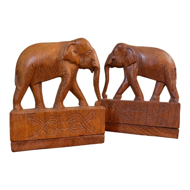 Vintage Wooden Carved Elephant Bookend Pair For Sale
