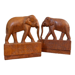 Vintage Wooden Carved Elephant Bookend Pair