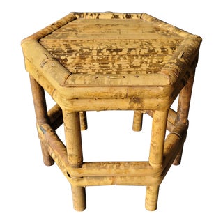 Vintage Hexagon Burnt Tortoise Bamboo Plant Stand Table Riser For Sale