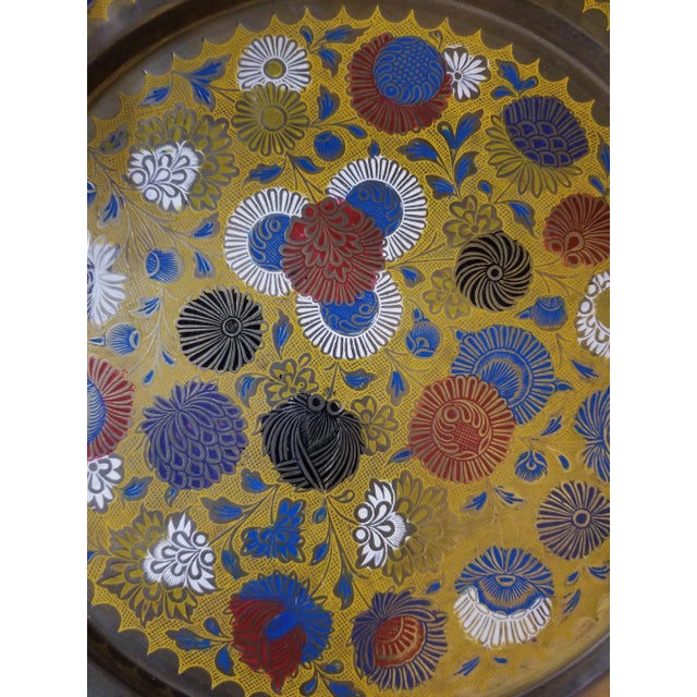 Vintage engraved and painted brass tray with handpainted florals