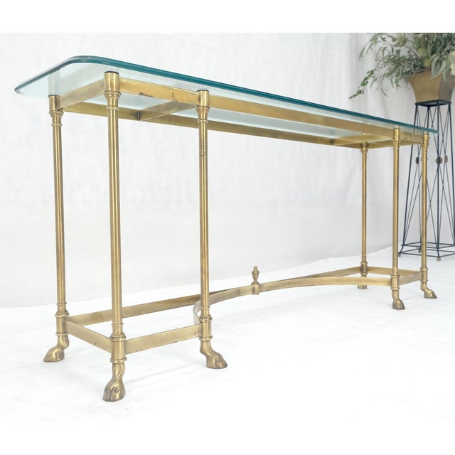 Late 20th Century Italian Hoof Feet Brass Frame Base 3/4" Glass Top Console Hall Table For Sale - Image 5 of 13