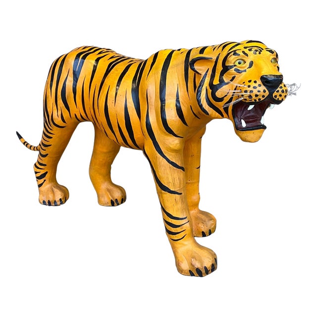 Mid 20th Century Extra Large Leather Wrapped Tiger Statue Chairish