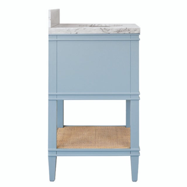 Robin's Egg Blue Matthew Izzo Home Cutler 24” Light Blue Two Drawer Single Porcelain Sink Vanity With Open Cane Shelf and Brass Hardware For Sale - Image 8 of 10