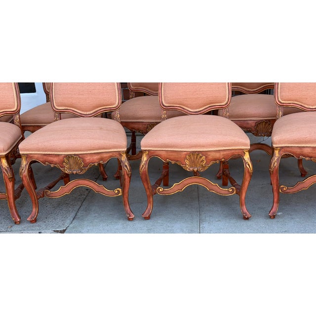 Set of 10 Dennis and Leen Rococo Style Painted Giltwood Dining Chairs.