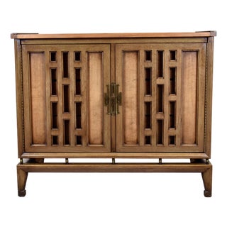 1960's Walnut Floating Commode Sideboard With Open Fretwork Doors For Sale