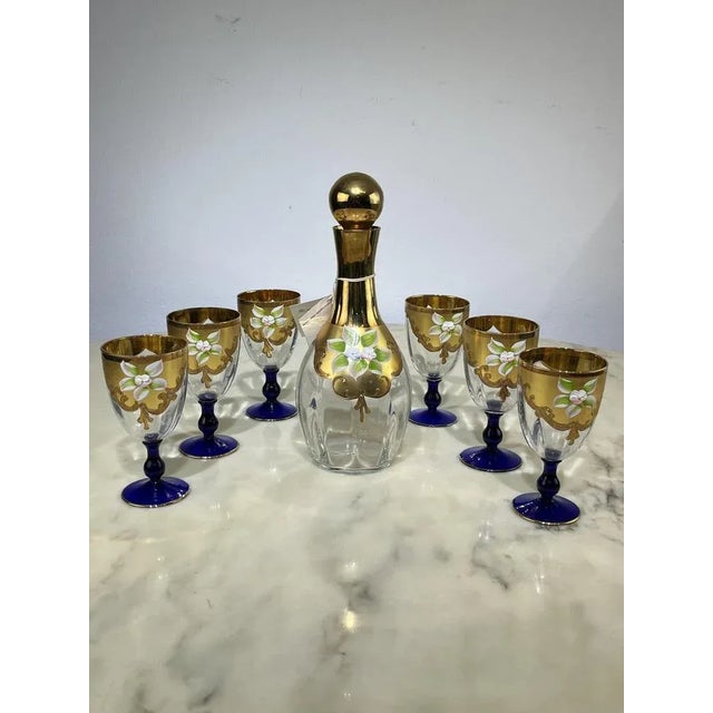 Bottle and Glasses in Hand-Painted Murano Glass & 24kt Gold, Italy, 1970s, Set of 7 For Sale - Image 12 of 12