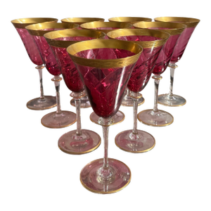 Set of 10 Antique Austrian Cranberry & Gold Encrusted Crystal Wine Stems