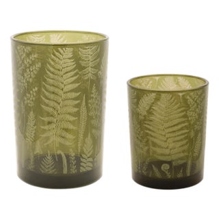 Fern Printed Glass Candle Holder (Set of 2) For Sale