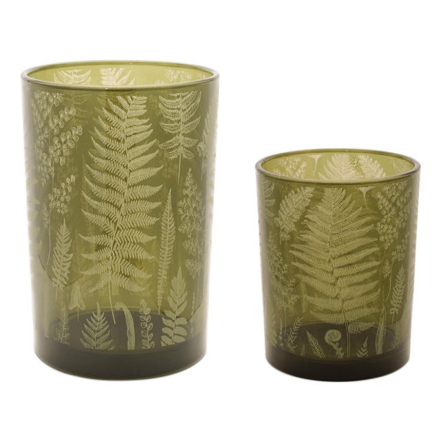 Fern Printed Glass Candle Holder (Set of 2) For Sale