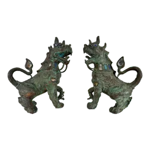 Pair of Mid Century Tony Duquette Style Thai Bronze Foo Dogs