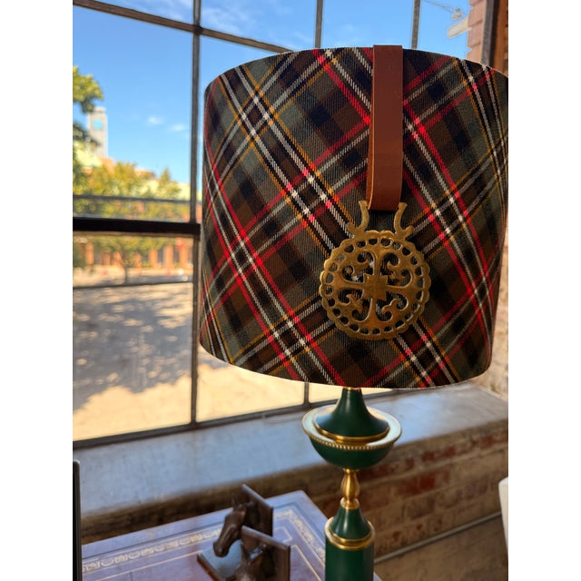 English Vintage Emerald Green & Brass Table Lamp With Custom Tartan Shade and English Bridle Medallion For Sale - Image 3 of 6
