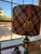 English Vintage Emerald Green & Brass Table Lamp With Custom Tartan Shade and English Bridle Medallion For Sale - Image 3 of 6