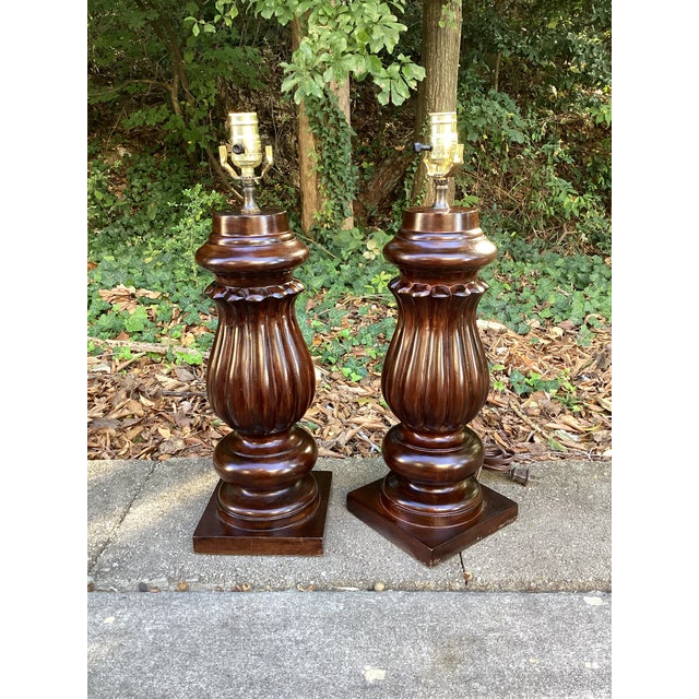 Traditional Carved Wood Urn-Form Table Lamps With Brass Hardware - Pair For Sale - Image 4 of 5