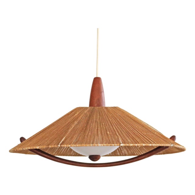 Danish Modern Teak Sisal Pendant Lamp from Temde Leuchten, 1960s For Sale