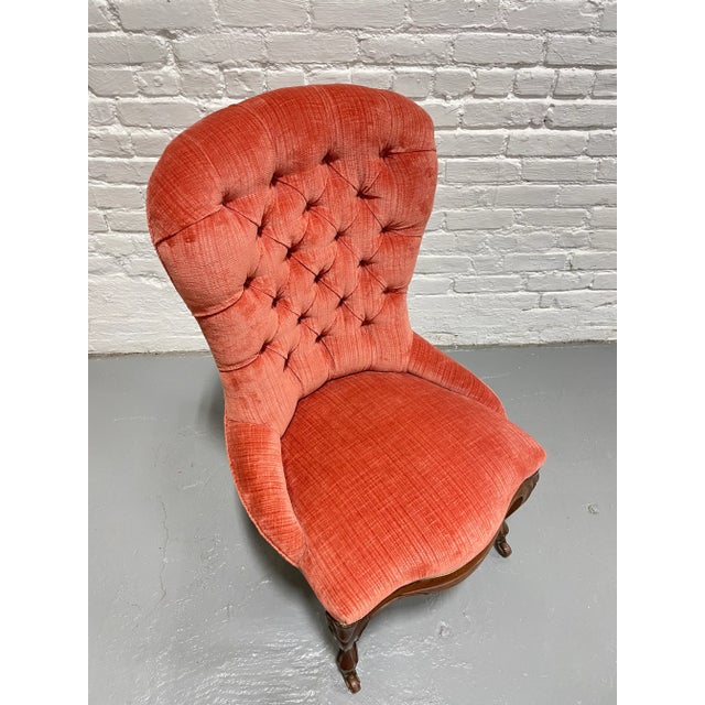 Late 20th Century Victorian Tufted Slipper Chair | Pink Velvet Upholstery | Antique Accent Chair on Brass Casters, C. 1900's For Sale - Image 5 of 12