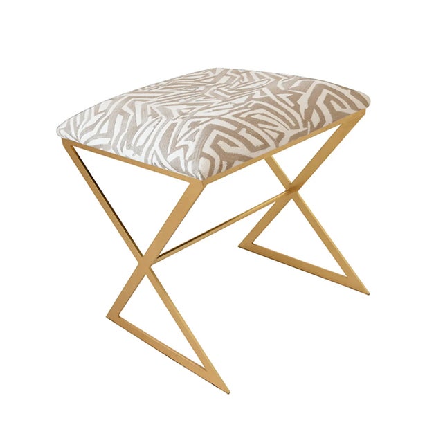 Worlds Away Matthew Izzo Home - X Side Stool in Beige Geometric Upholstery and Gold Leaf Base For Sale - Image 4 of 4