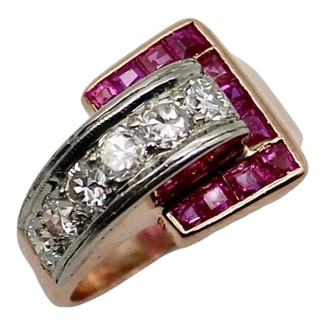 Retro 14K Gold Diamond and Ruby Buckle Ring Size 4.5 For Sale