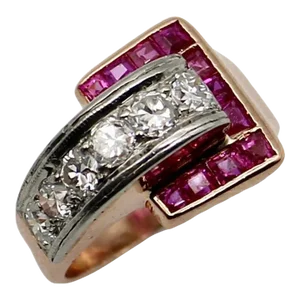 Retro 14K Gold Diamond and Ruby Buckle Ring Size 4.5