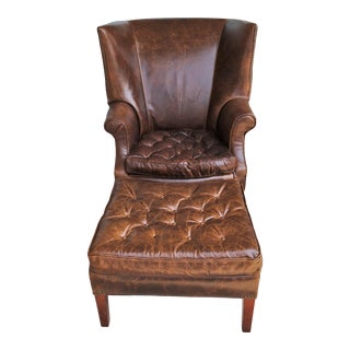 Restoration Hardware Leather Wingback Chair & Ottoman For Sale