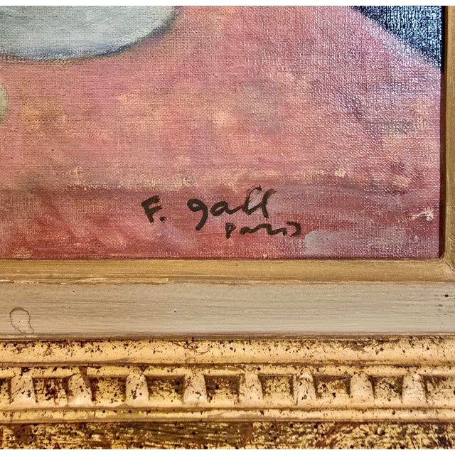 Dark Pink François Gall -Bouquet of Flower & a Fruits Bowl -1930s Still Life Oil Painting For Sale - Image 8 of 10