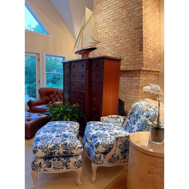 Custom Blue and White Marquis Bergere Chair and Ottoman Set Upholstered in Ralph Lauren For Sale - Image 18 of 18