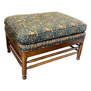 Vintage Upholstered Waverly Fabric "Persia" Ottoman With Turned Wooden Legs For Sale