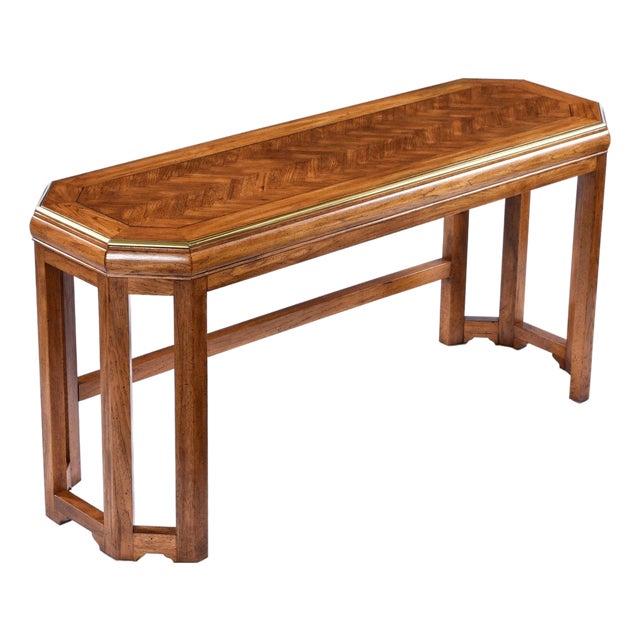 Art Deco Inspired Herringbone Parquet Top Gold Trim Oak Console Table For Sale