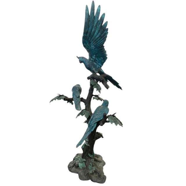 Hollywood Regency 1980s Monumental Verdigris Bronze Parrots Sculpture on Tree Trunk Base For Sale - Image 3 of 12