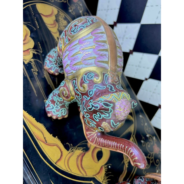 1980's Pair Decorative Ceramic Elephant Figurines in Burgundy, Pink & Gold Chinoiserie, Export Marks For Sale - Image 11 of 16