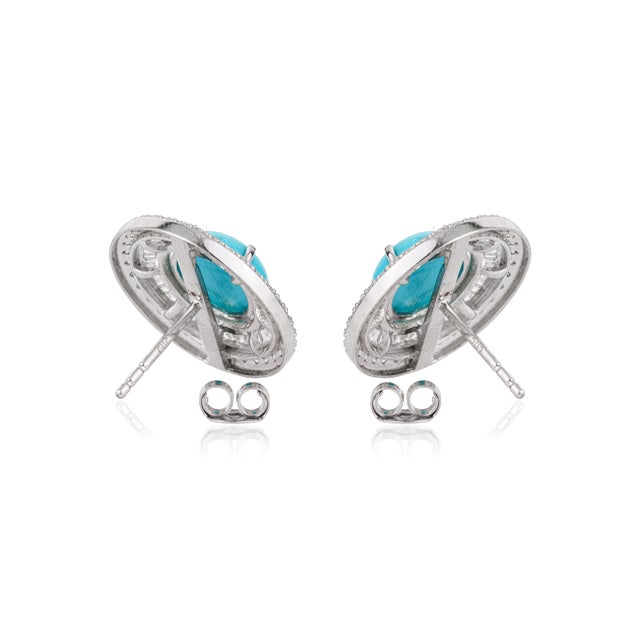 14k Gold 3.14ct Turquoise Cabochon & Diamond Double Halo Stud Earrings- A Pair For Sale - Image 9 of 15