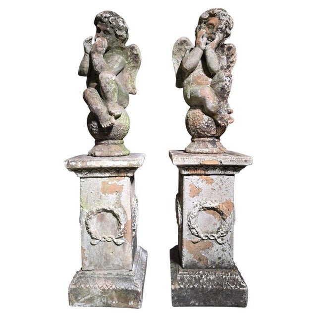 Italian Artist, Cherub Sculptures on Pedestals, 19th Century, Terracotta, Set of 2 For Sale - Image 12 of 12