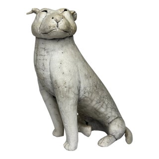 Vintage Hand-Modelled Studio Pottery American Pit Bull Terrier Dog Sculpture With Ivory Raku-Inspired Surface For Sale