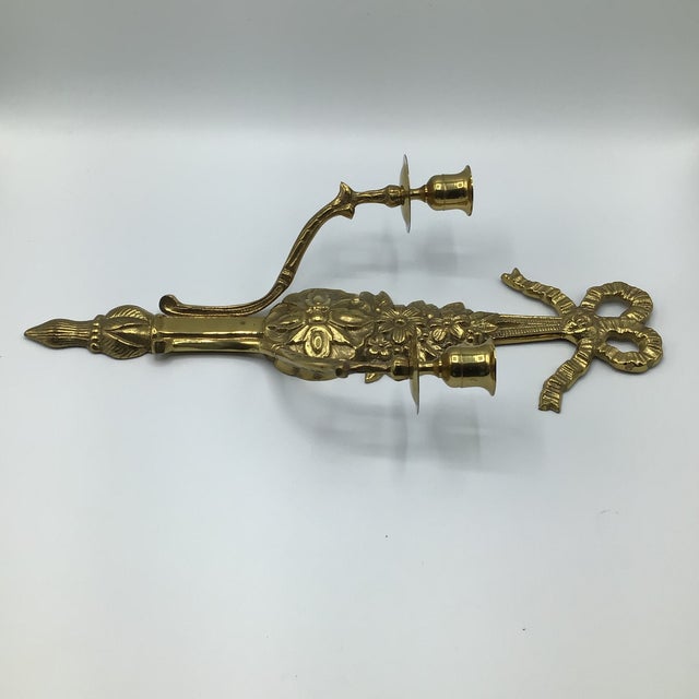 French Vintage Solid Brass Double Arm French Style Candle Wall Sconces - A Pair For Sale - Image 3 of 12