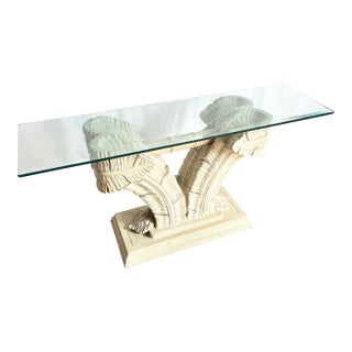 Serge Roche Style Plaster Banana Leaf Glass Top Console Table For Sale