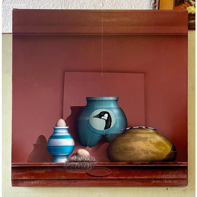 1980s James Carter, Trompe L'oeil Airbrush Painting on Canvas Duck Decoy Fishing Lure James Carter 1986 For Sale - Image 5 of 9