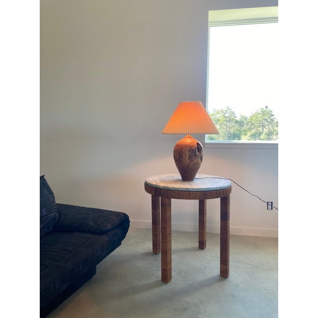 Carved Turned Wood Log Artisan Rustic Lamp + Pleated Shade For Sale - Image 15 of 18