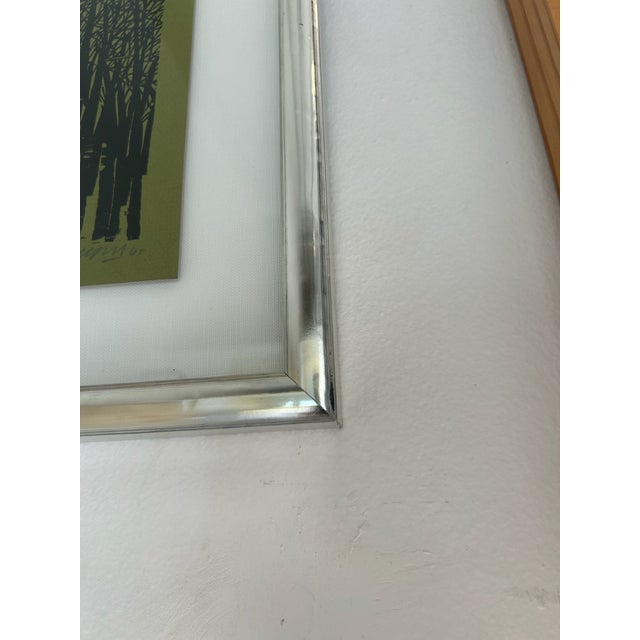 Green Vintage Antonio Frasconi Woodcut Printed on Green Paper With New Silver / Wood Frame and Float Detail, Circa 1965 For Sale - Image 8 of 10