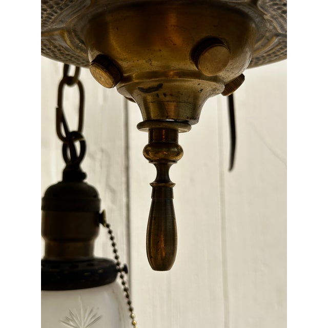 Old Lights On is pleased to offer this vintage brass three light semi flush mount fixture with vintage starcut shades. It...