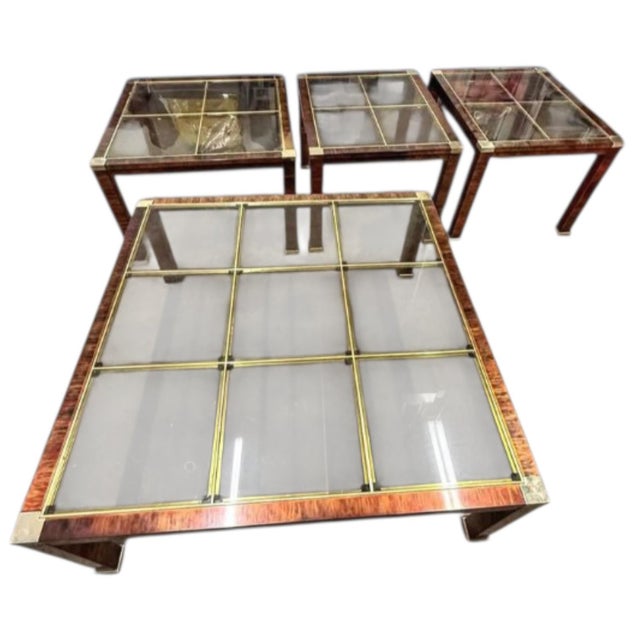 Rare 1970s Hollywood Regency Flamed Burl Wood, Copper, Brass, and Glass 4-Piece Table Set For Sale - Image 12 of 12