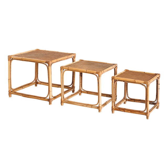 Vintage Cane Nesting Tables, 1960s, Set of 3 For Sale